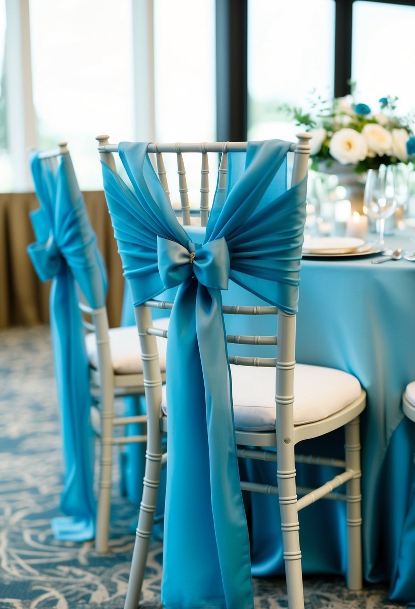 A dusty blue chair sash drapes elegantly over a chair while matching dusty blue decorations adorn the wedding table