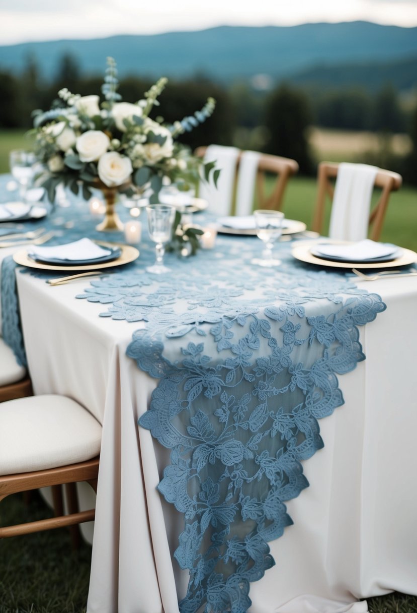 A dusty blue lace overlay adorns a romantic wedding table setting