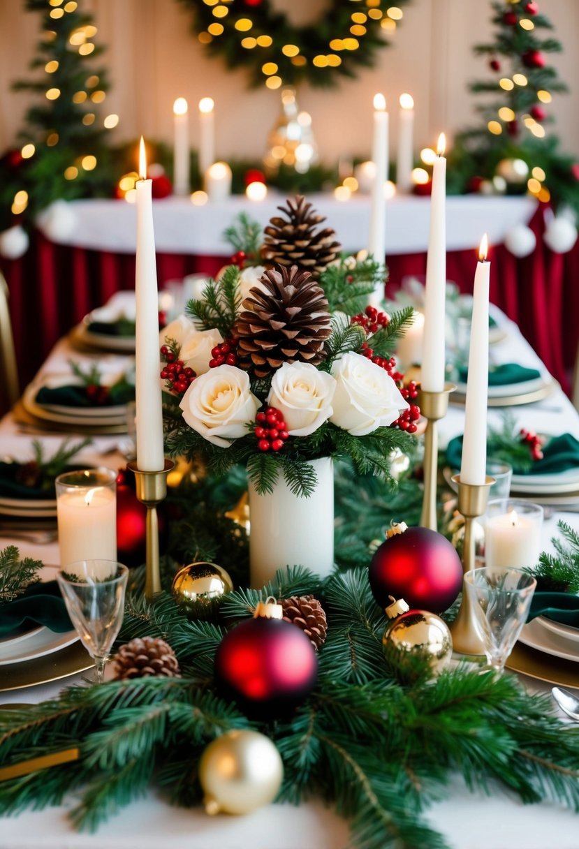 A festive table adorned with evergreen garlands, candles, and red and gold ornaments. A centerpiece of white roses and pine cones adds elegance to the Christmas wedding decor