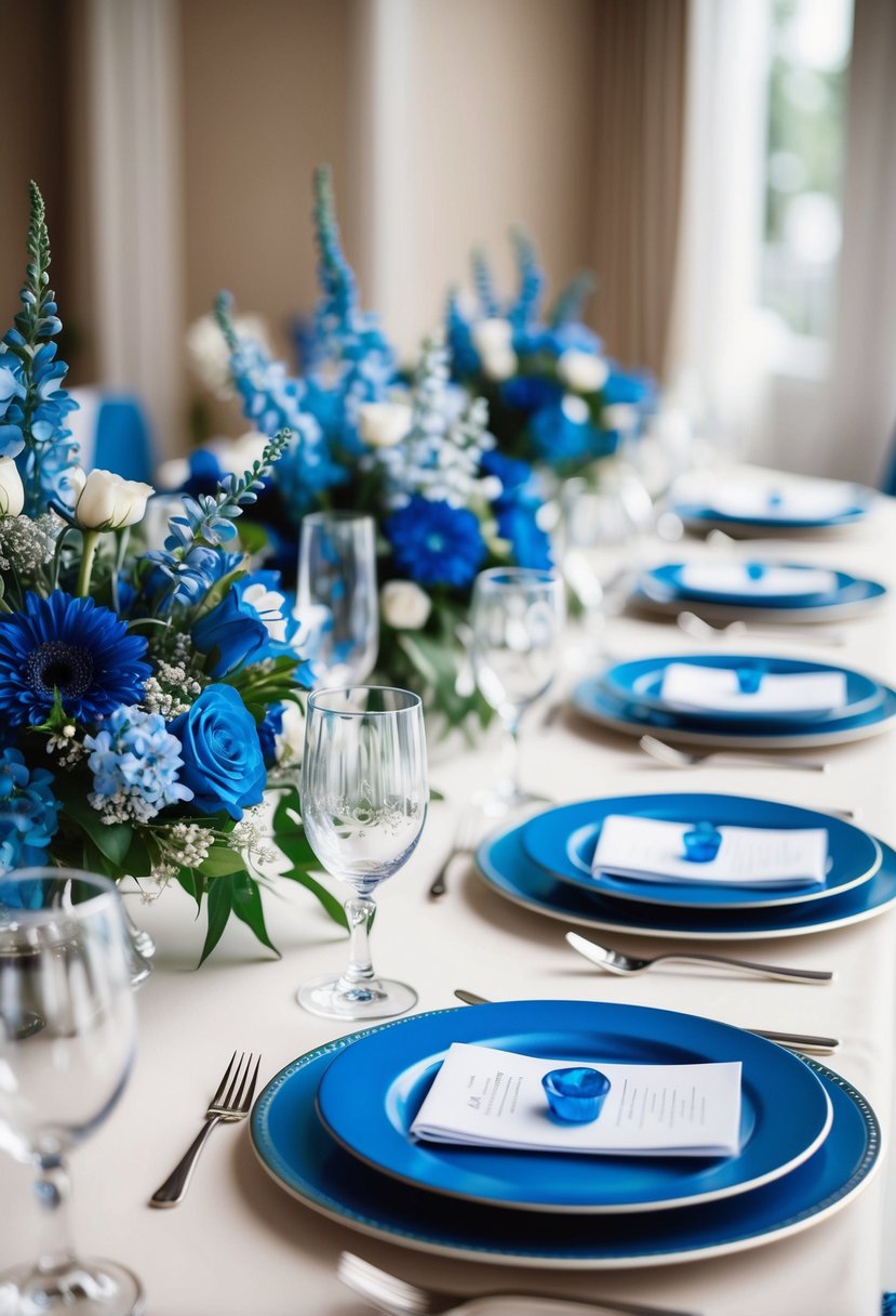 A table adorned with blue floral centerpieces, delicate silver accents, and elegant blue place settings for a wedding celebration