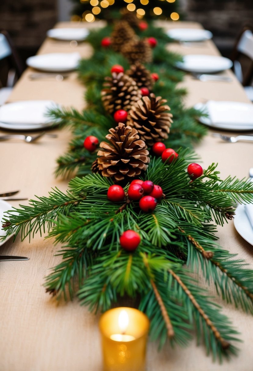 A festive table runner made of evergreen branches, pinecones, and red berries, creating a charming Christmas wedding centerpiece