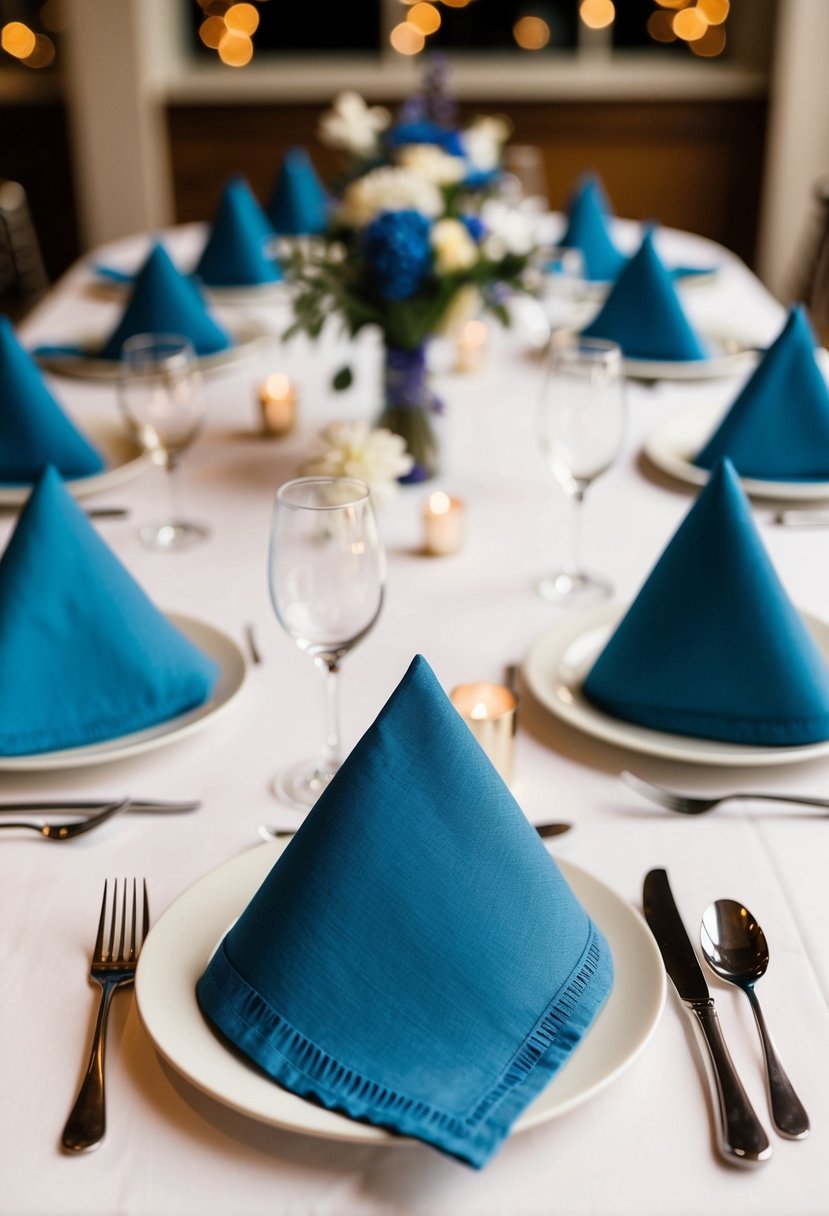 Dusty blue cocktail napkins arranged on a wedding reception table with matching decorations