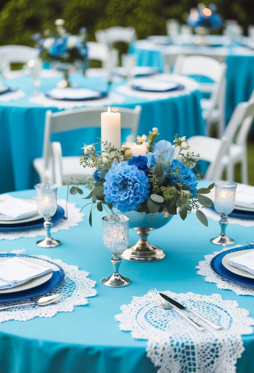 Azure tablecloths with white lace overlay adorned with delicate blue floral centerpieces and silver candle holders