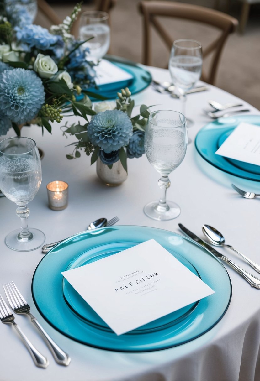 Pale blue glass chargers arranged on a table with dusty blue floral centerpieces and elegant silver cutlery