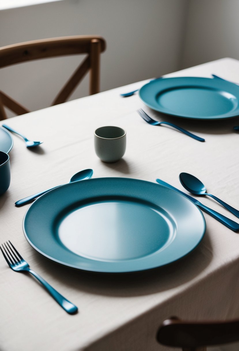 A simple table setting with dusty blue cutlery and minimal decor