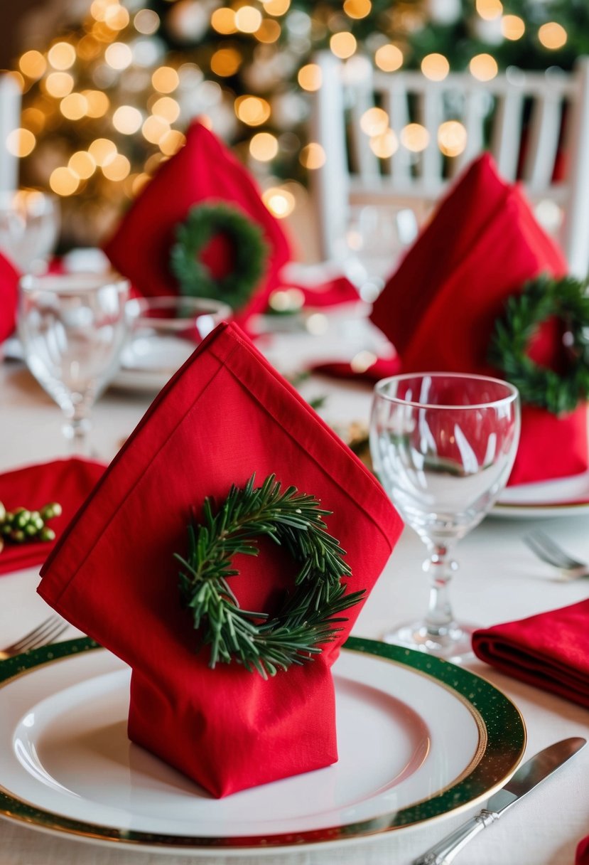 Red napkins folded with mini wreaths on a festive Christmas wedding table