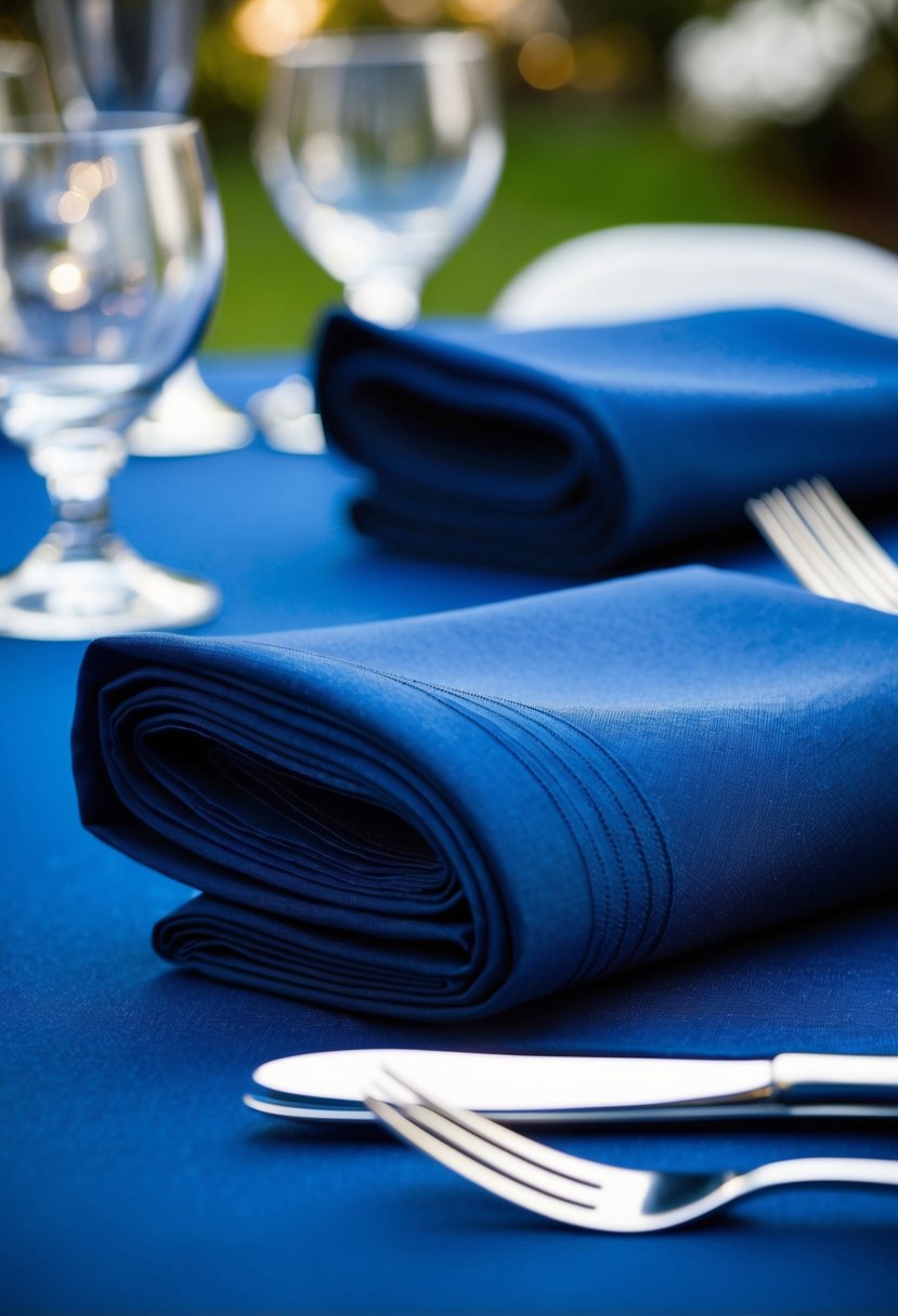 Navy blue napkins neatly folded beside gleaming silver cutlery on a blue wedding table