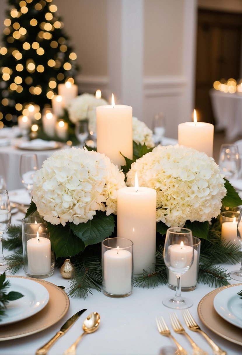 A table adorned with white hydrangeas and pillar candles for a Christmas wedding