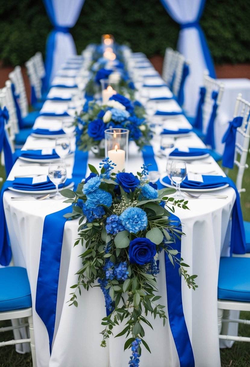 Blue floral garlands draped across a wedding table with matching blue accents