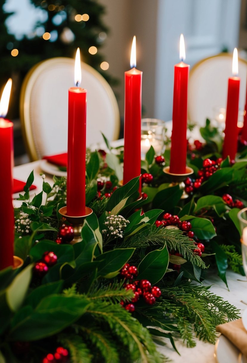 Lush green foliage surrounds red taper candles on a Christmas wedding table