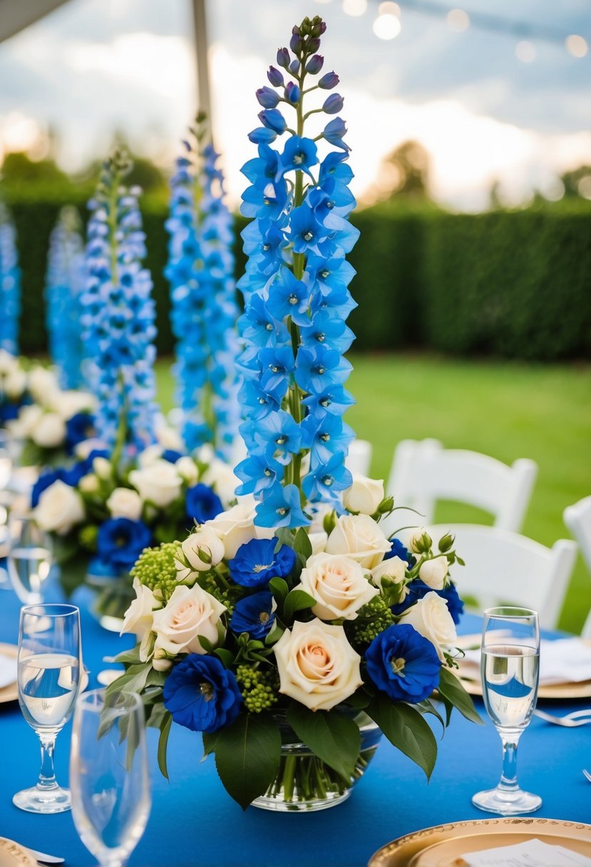 A table adorned with blue delphinium and rose arrangements for a wedding