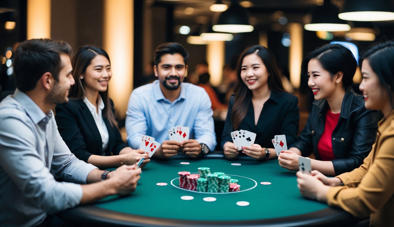 Sekelompok orang duduk di sekitar meja, masing-masing memegang sepasang kartu poker, dengan chip dan uang di atas meja