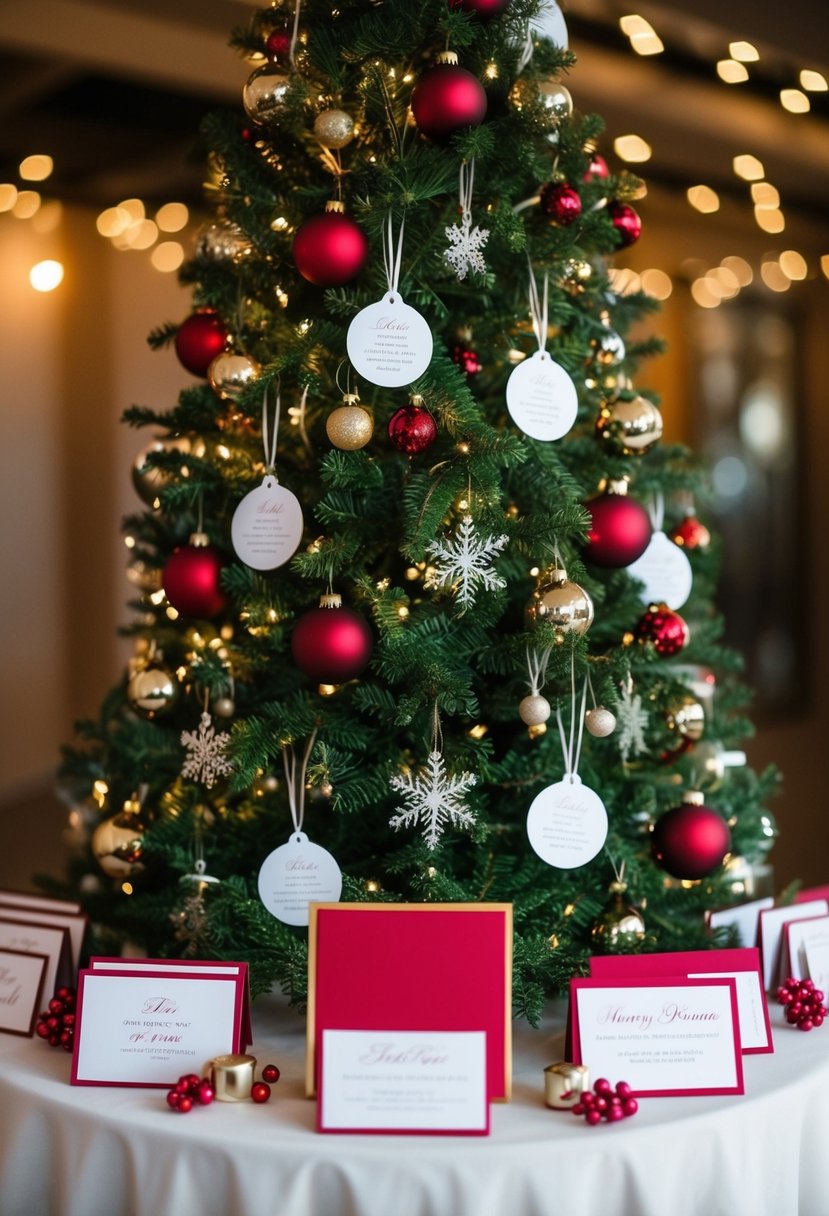 A festive Christmas tree adorned with escort cards for a wedding table display