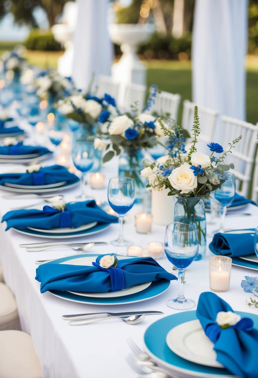 A white table adorned with blue accents, such as napkins, centerpieces, and place settings, creating a serene and elegant wedding table decoration