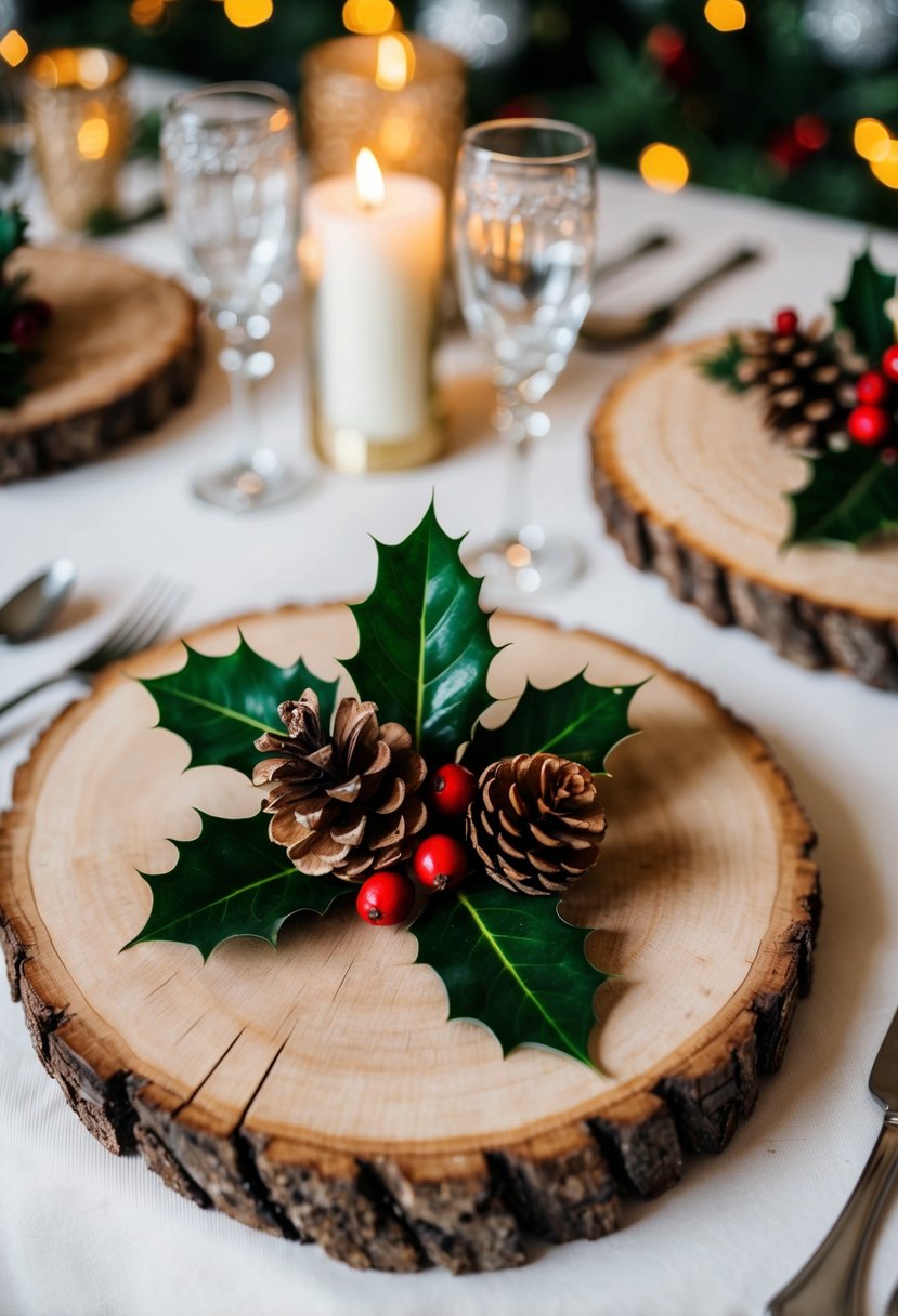 A rustic wood slice placemat adorned with holly, pinecones, and red berries, set on a festive Christmas wedding table