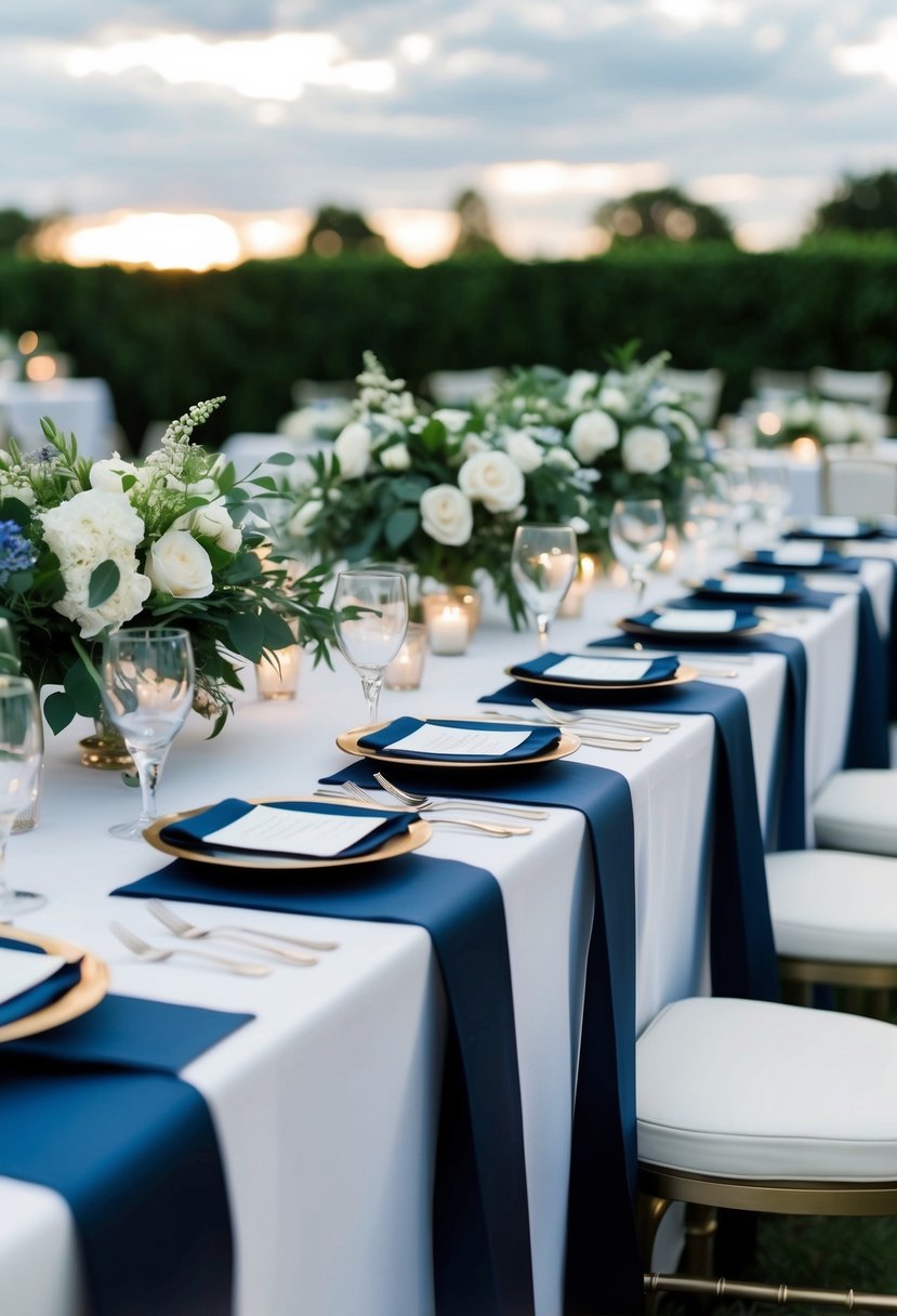 Navy blue ribbon table runners adorn a beautifully set wedding table