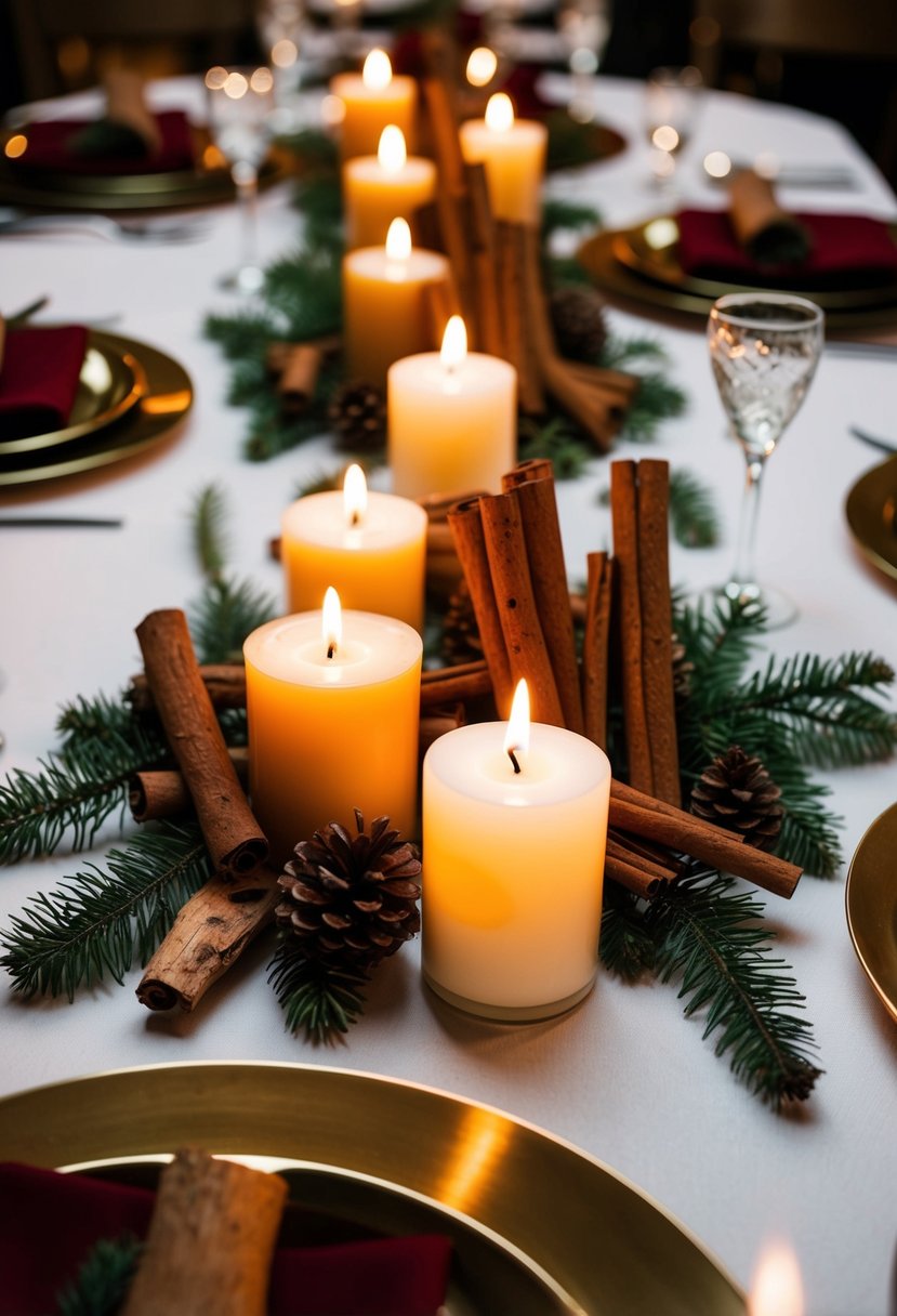 Cinnamon sticks and bark arranged around candles on a holiday wedding table