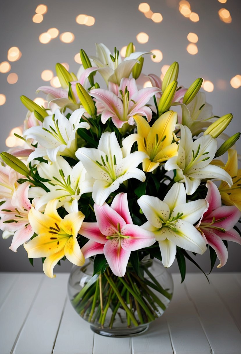 A beautiful bouquet of lilies in various shades of white, pink, and yellow, arranged in a delicate and elegant manner