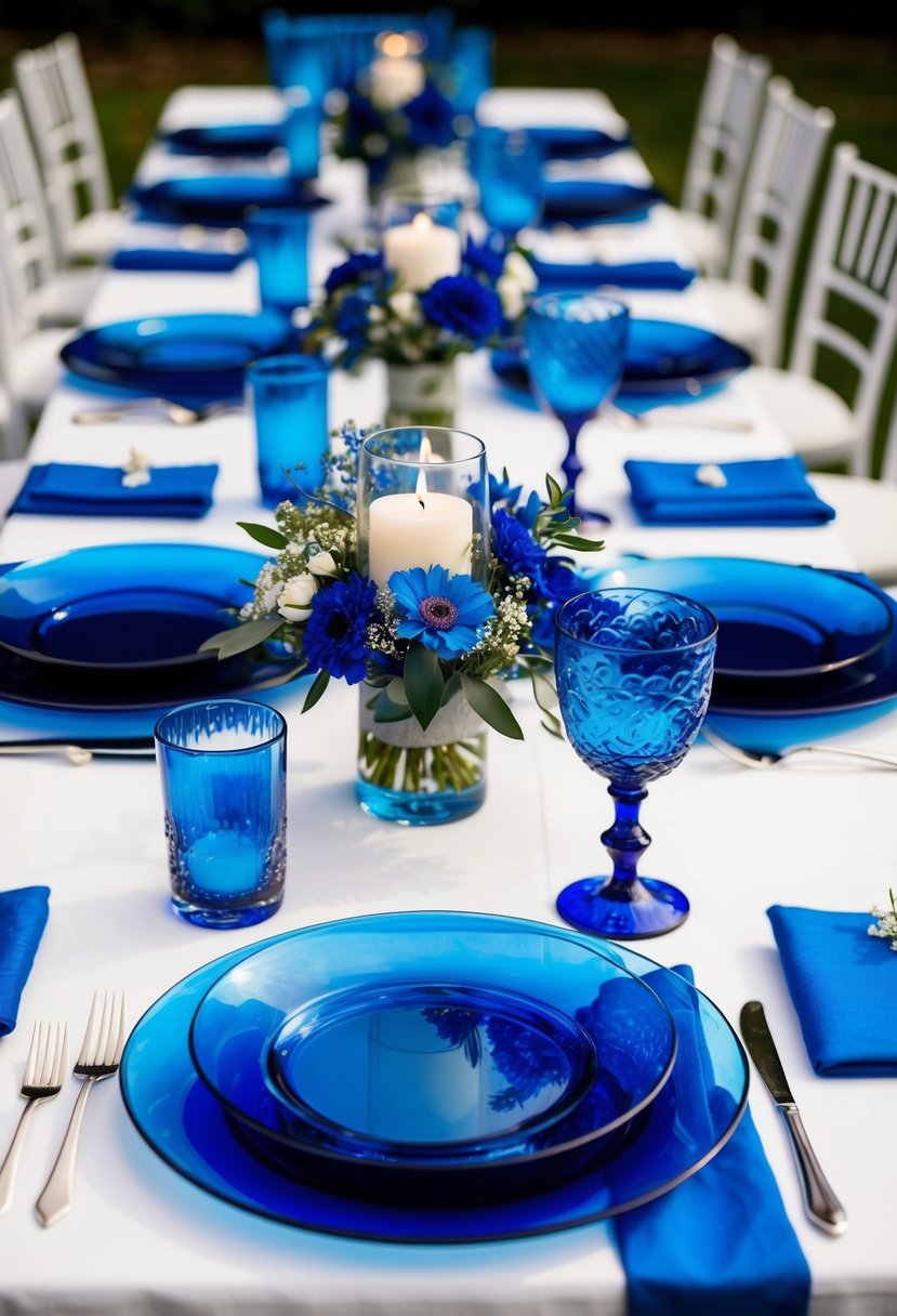 Cobalt blue glassware arranged on a table with blue floral centerpieces, candles, and linens for a wedding