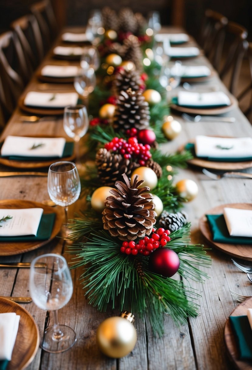 A rustic wooden table adorned with berry and pinecone centerpieces, creating a festive and cozy atmosphere for a Christmas wedding celebration