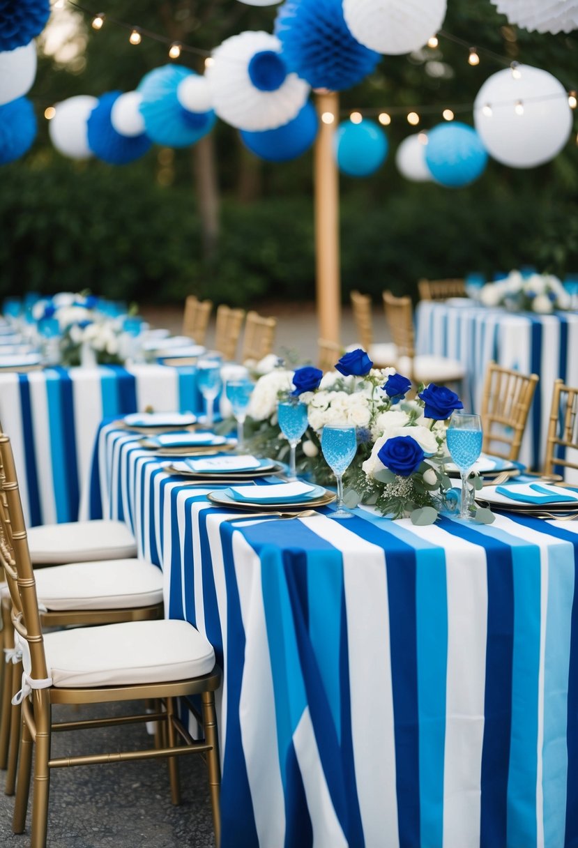 Blue and white striped tablecloths cover tables adorned with blue wedding decor