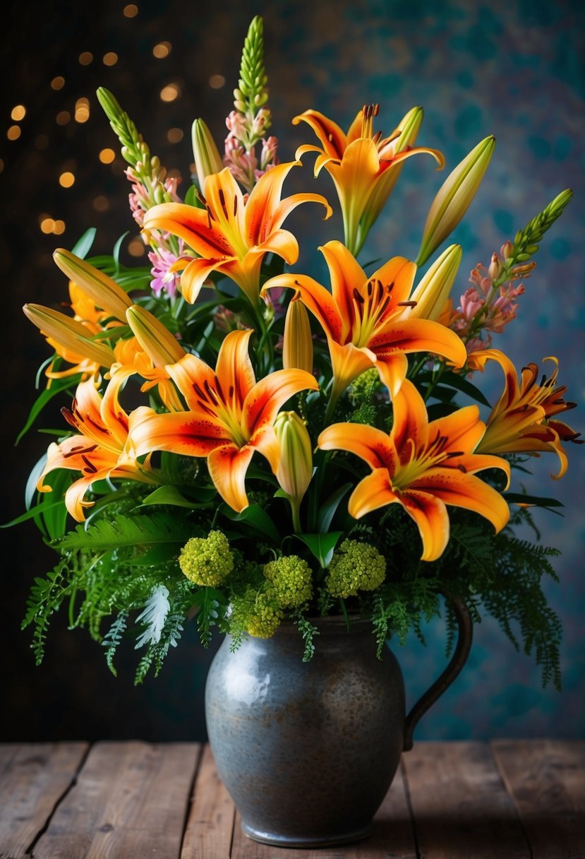 A vibrant bouquet of Tiger Lily and Wildflower Mix lilies, arranged in a rustic vase with green foliage