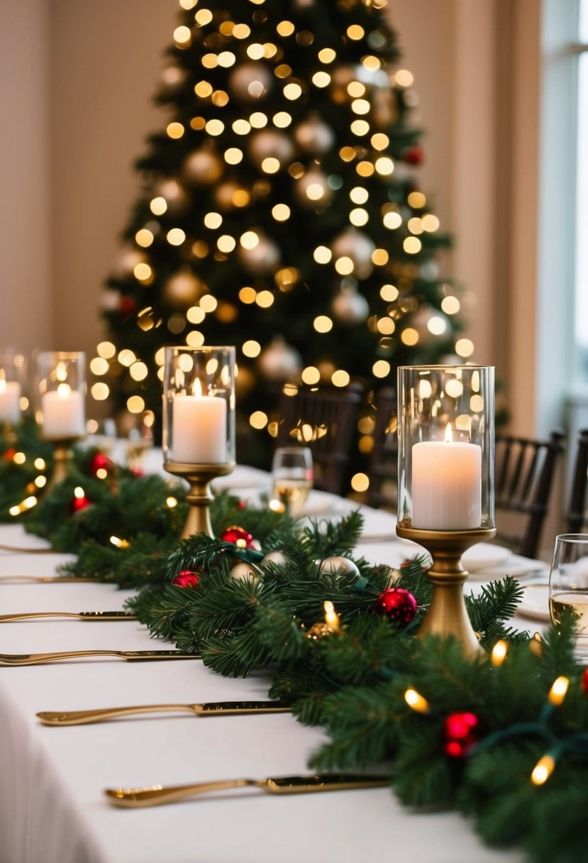 A table adorned with garlands and Christmas lights for a festive wedding decoration