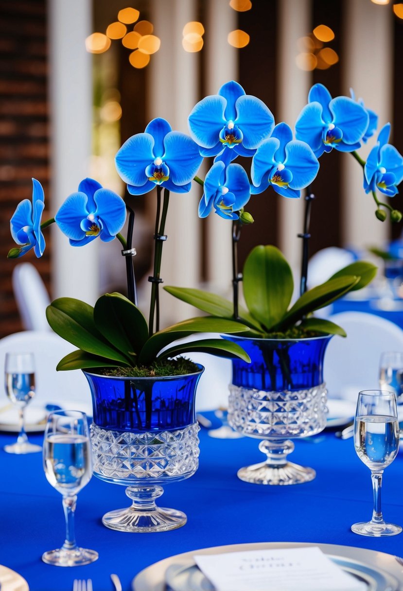 Blue orchids in crystal vases adorn blue wedding tables