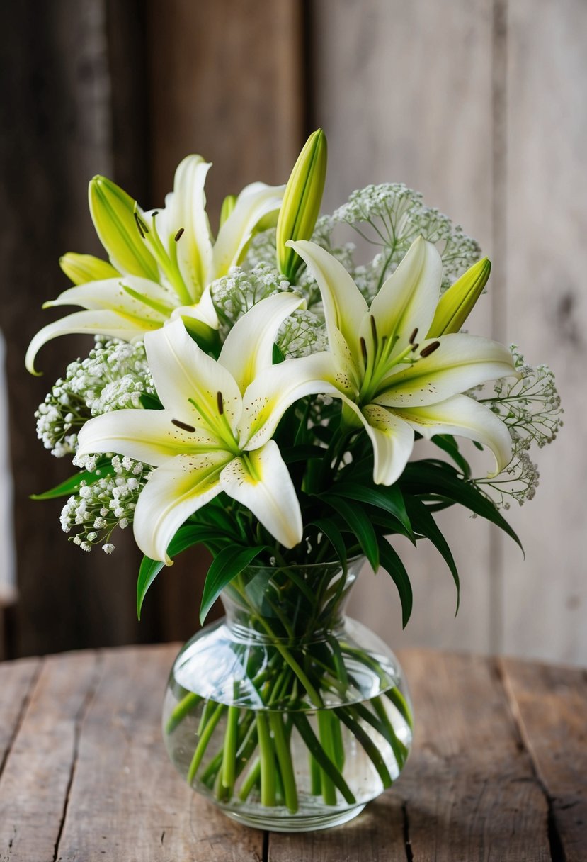 A delicate bouquet of Stargazer Lily and Baby's Breath lilies in a clear glass vase on a rustic wooden table