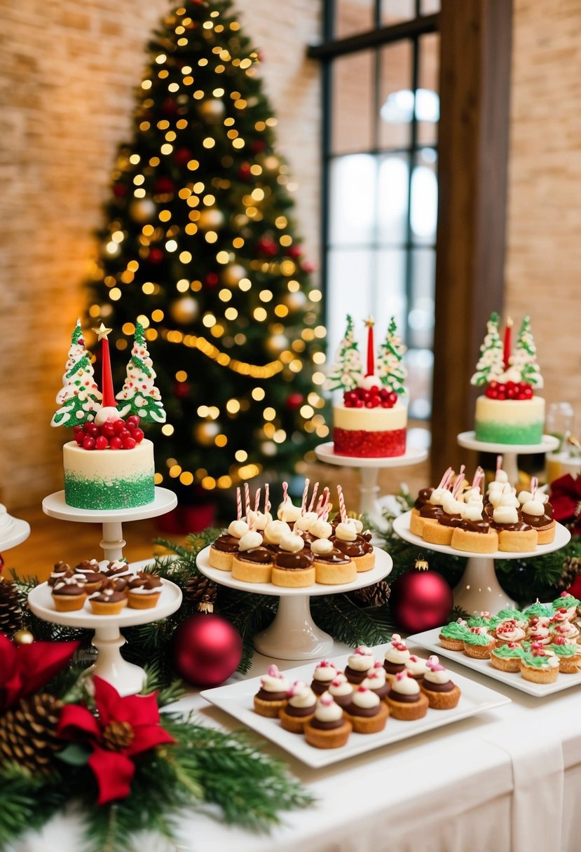 A festive dessert table adorned with Christmas-themed sweets and decorations for a holiday wedding