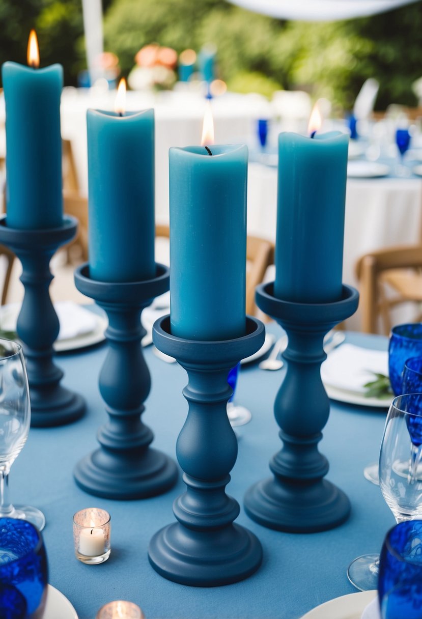 Slate blue candlesticks arranged amidst blue wedding table decor