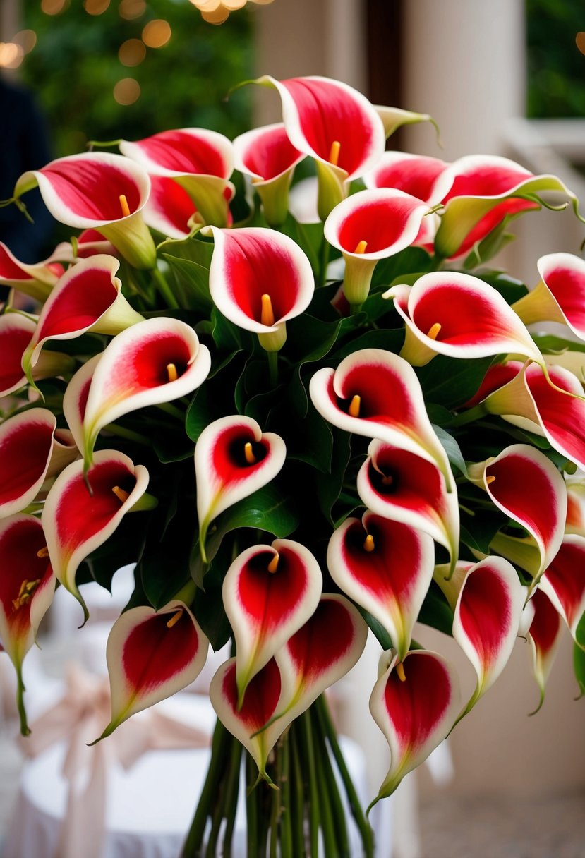 A lush bouquet of calla lilies with vibrant red accents, arranged in a cascading design, perfect for a wedding celebration