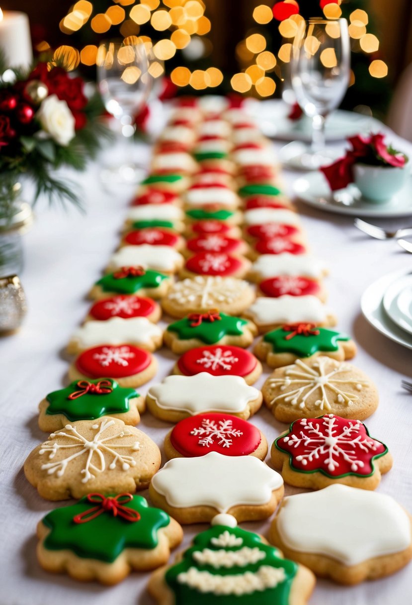 Festive sugar cookies arranged on a wedding table, featuring Christmas-themed designs