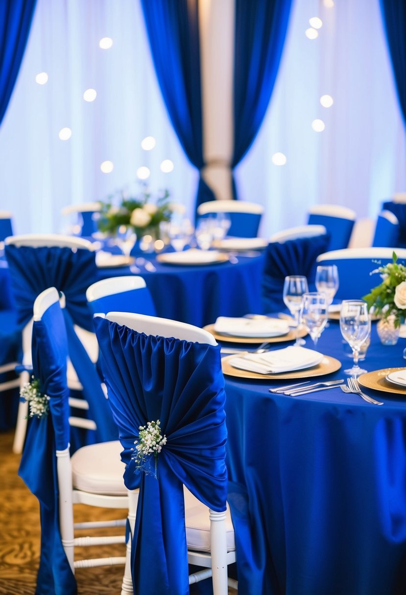 Indigo chair sashes elegantly draped over blue wedding table decor