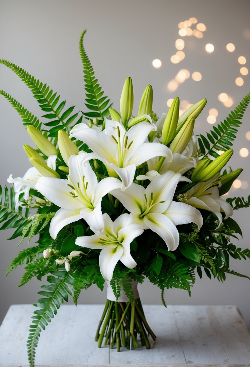 A lush bouquet of white Asiatic lilies and delicate ferns, arranged in a natural and elegant composition