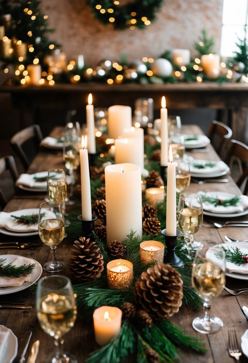 A rustic table adorned with festive Christmas decorations, including candles, pine cones, and greenery, creating a cozy and inviting atmosphere for a wedding celebration