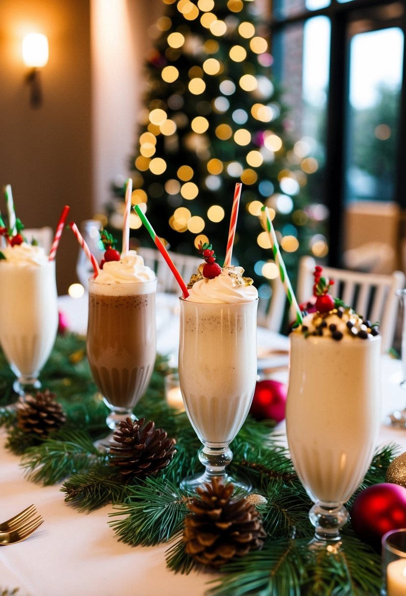 A festive wedding table adorned with boozy milkshakes in holiday colors and decorative garnishes