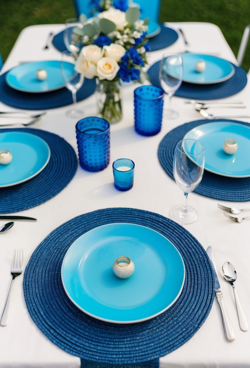 Sky blue placemats arranged on a table with matching blue wedding decor