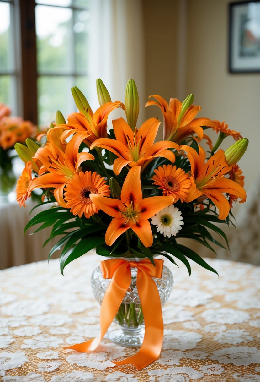 A vibrant bouquet of orange tiger lilies and daisies, tied with a satin ribbon, sits in a crystal vase on a lace-covered table