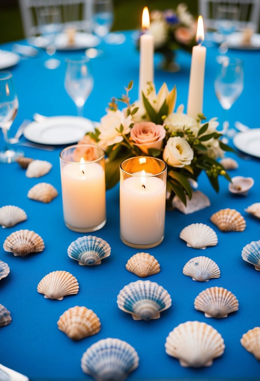 Blue seashell table scatter arranged on a blue wedding table with candles and floral centerpieces