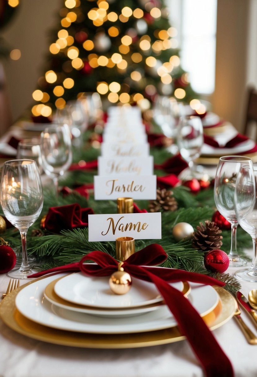 A festive table set with velvet ribbon name cards for a Christmas wedding