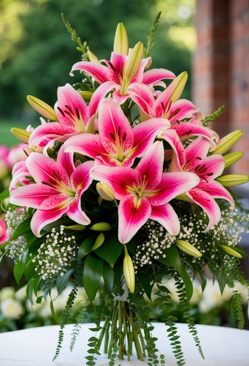 A vibrant bouquet of Pink Stargazer Lilies arranged in a cascading style with greenery and baby's breath accents