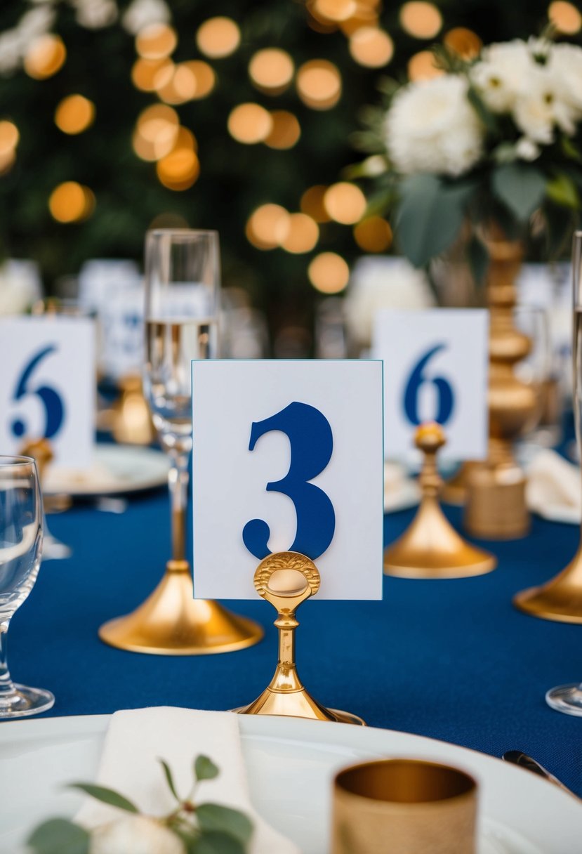 Blue and gold table number holders arranged on a decorated wedding table