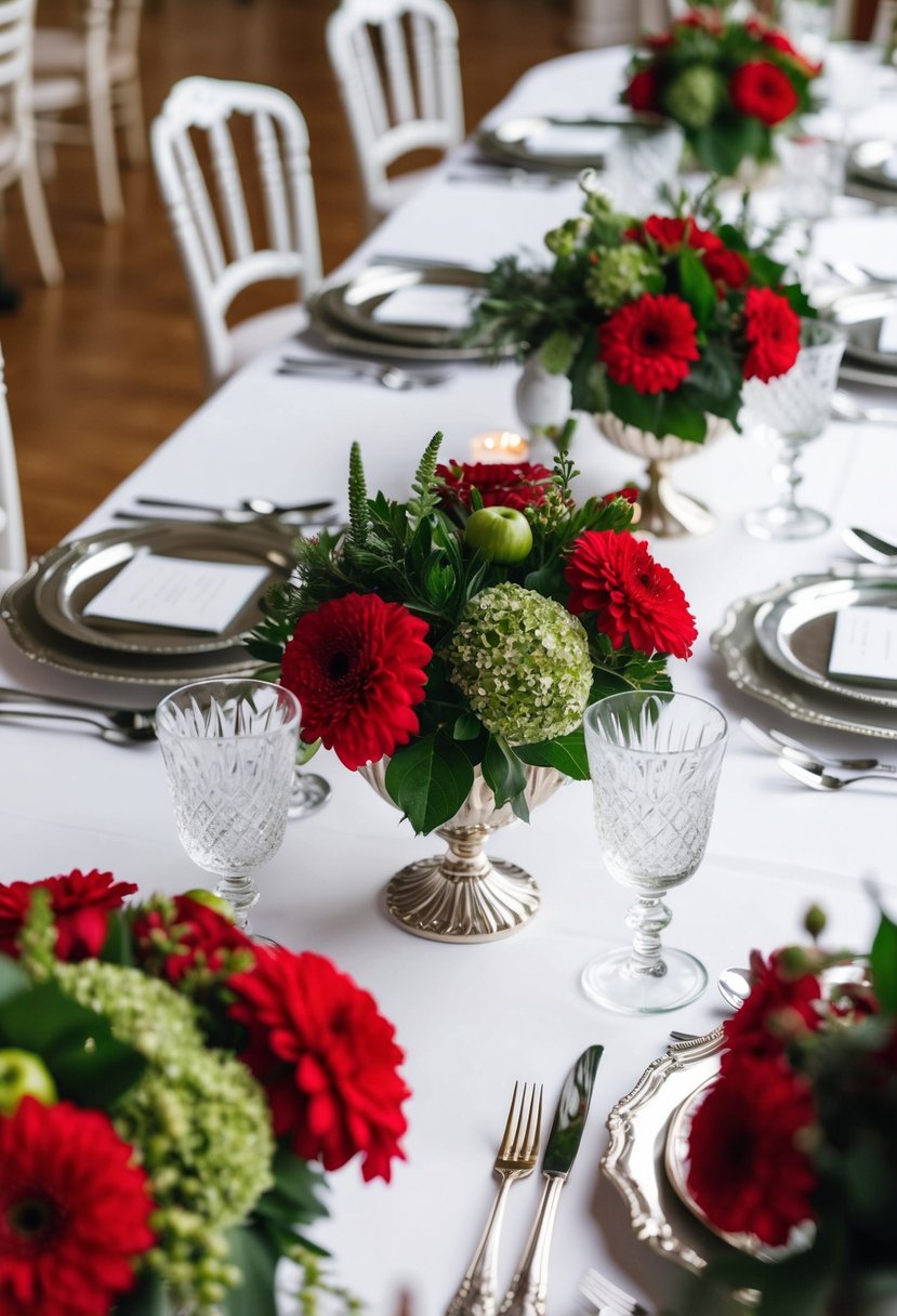 A white table adorned with red and green floral centerpieces, surrounded by classic silver place settings and elegant crystal glassware