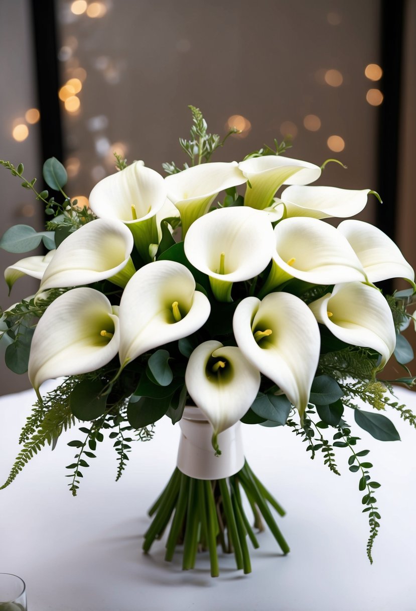 A pristine bouquet of white calla lilies arranged in a classic wedding style, with delicate green foliage and a satin ribbon