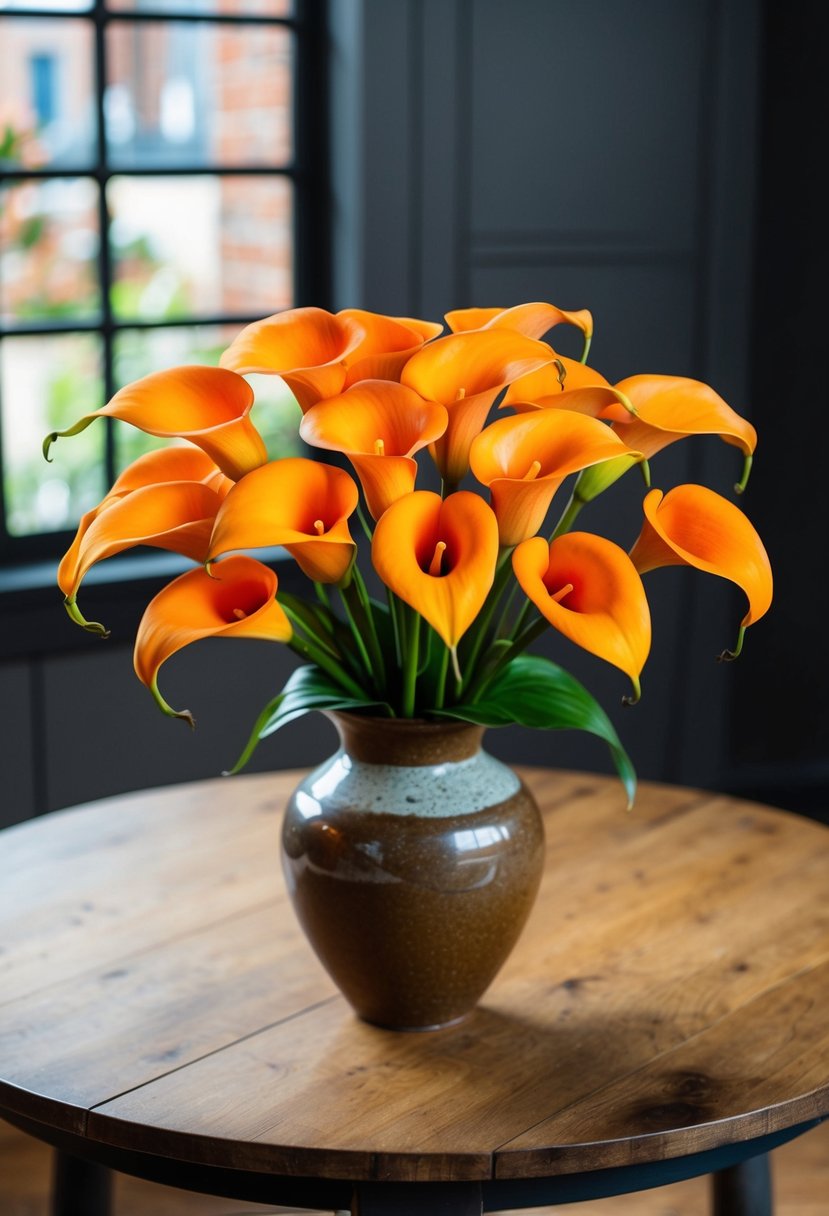 A vibrant orange calla lily bouquet arranged in a rustic vase on a wooden table