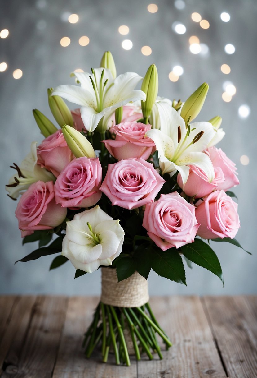 A bouquet of pink garden roses and white lilies arranged in a rustic, elegant style