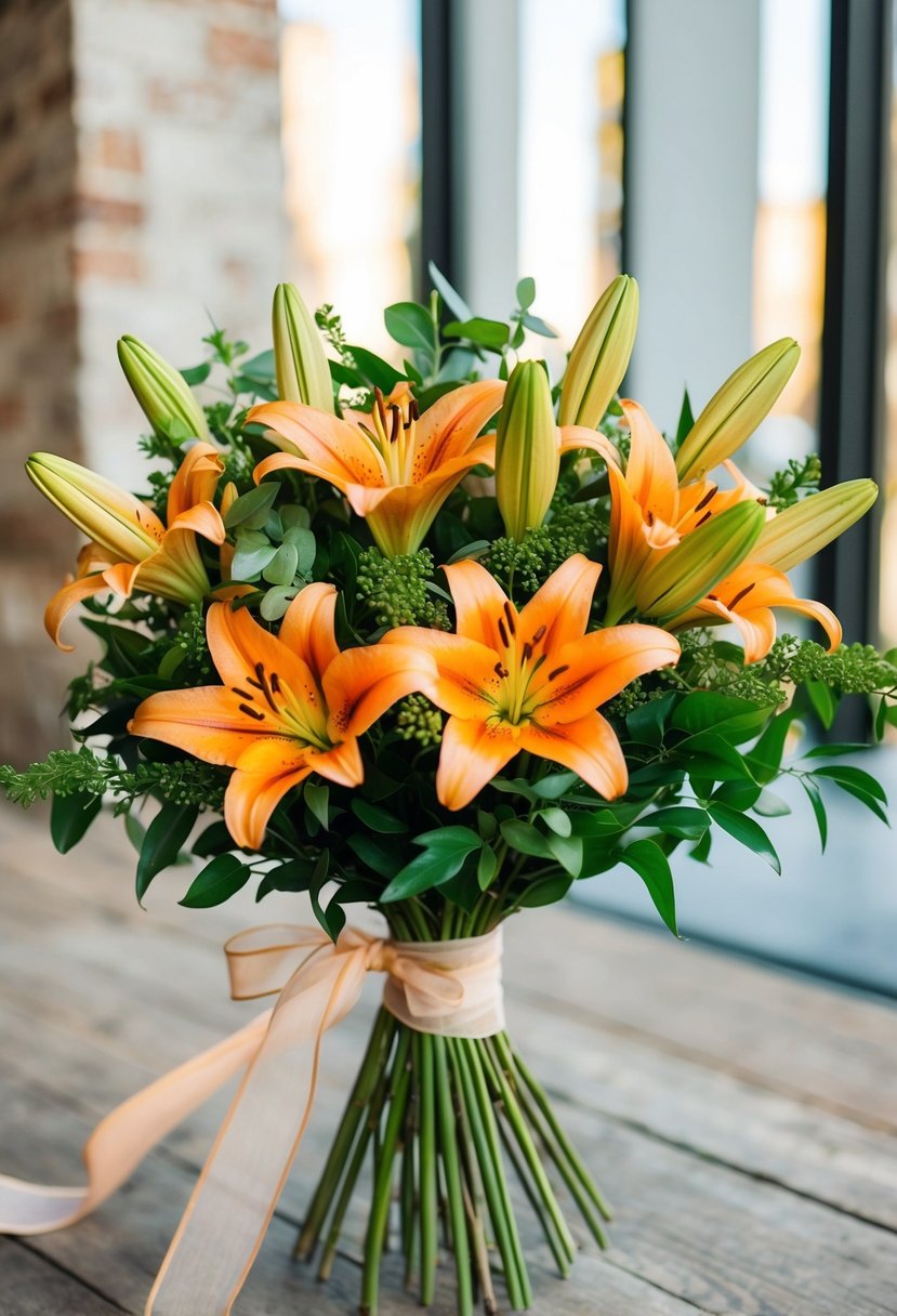 A lush bouquet of rustic orange lilies and greenery, tied with a delicate ribbon