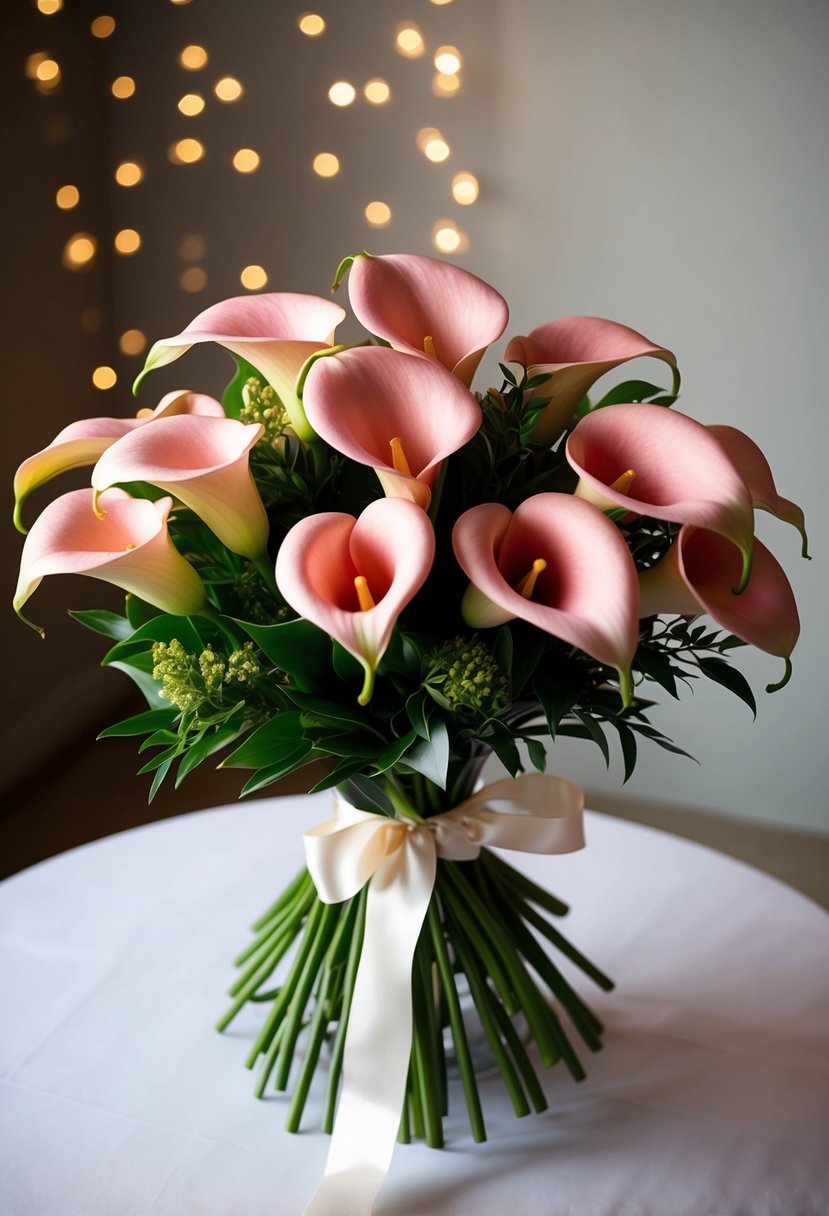 A vibrant bouquet of bold blush calla lilies arranged with greenery and tied with a satin ribbon