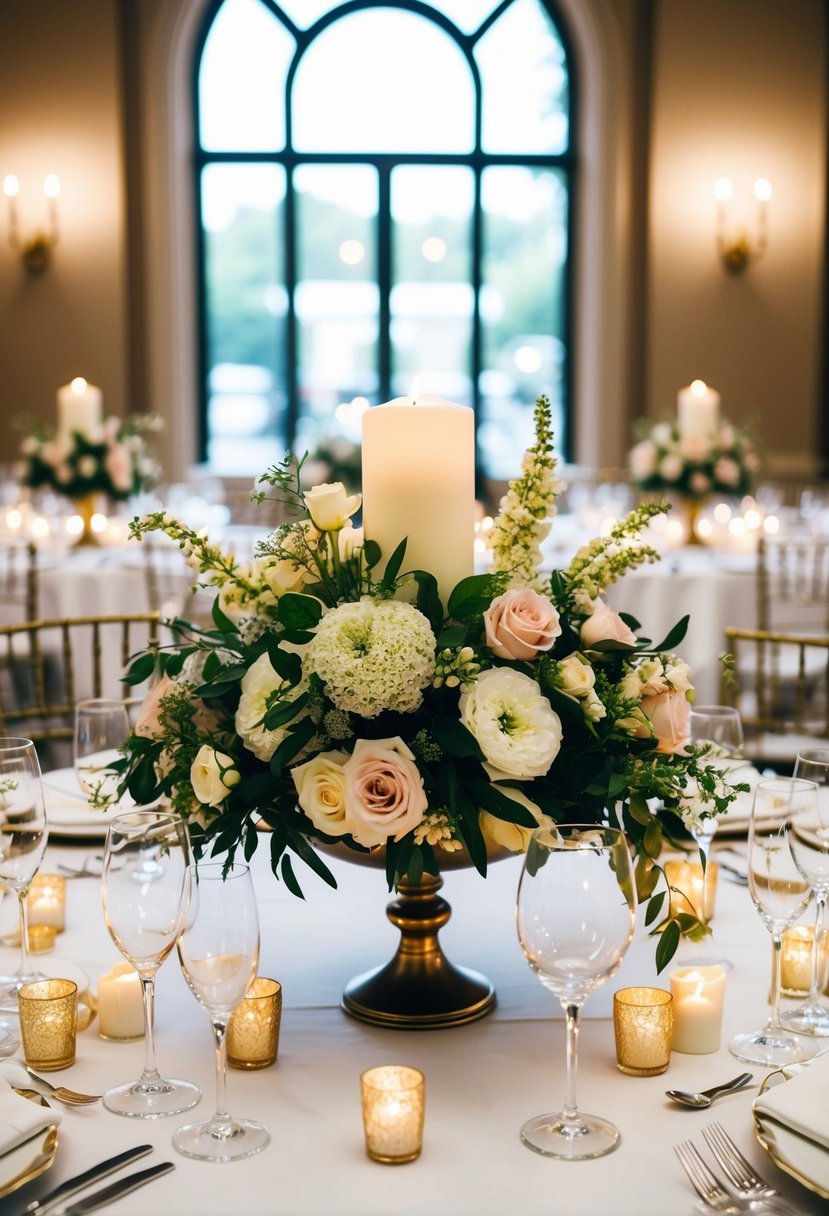 Lush floral centerpieces and elegant candle holders adorn the wedding tables, creating a romantic and sophisticated atmosphere